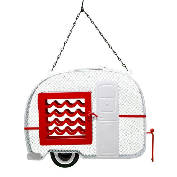 Transparent mesh bag with red wave design and white door, hanging on a chain.