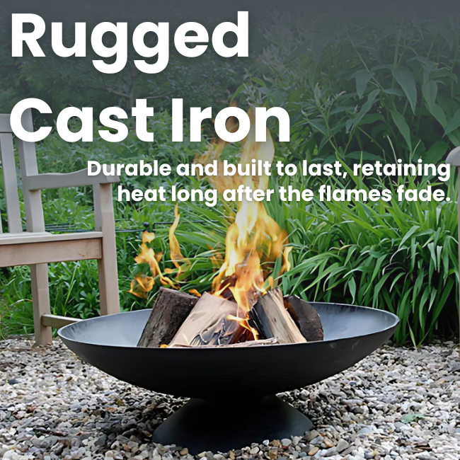 Extra large cast iron fire pit with logs burning, perfect for outdoor ambiance and warmth.