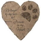 Heart-shaped pet memorial stone with paw print and text on a white background