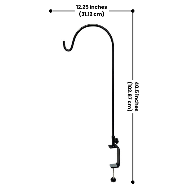 Extra-Large Deck Rail Hanger – Heavy-duty steel clamp fits wide deck rails (2"–5.625"). Tool-free installation with secure thumbscrews. Curled hook supports up to 10 lbs for feeders, spinners, or baskets. Swiveling arm for easy access. Black powder-coated finish for durability. Made in the USA.