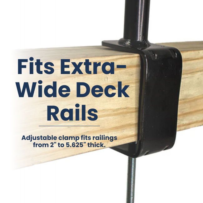 Extra-Large Deck Rail Hanger – Heavy-duty steel clamp fits wide deck rails (2"–5.625"). Tool-free installation with secure thumbscrews. Curled hook supports up to 10 lbs for feeders, spinners, or baskets. Swiveling arm for easy access. Black powder-coated finish for durability. Made in the USA.