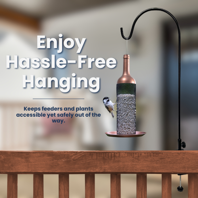 Extra-Large Deck Rail Hanger – Heavy-duty steel clamp fits wide deck rails (2"–5.625"). Tool-free installation with secure thumbscrews. Curled hook supports up to 10 lbs for feeders, spinners, or baskets. Swiveling arm for easy access. Black powder-coated finish for durability. Made in the USA.