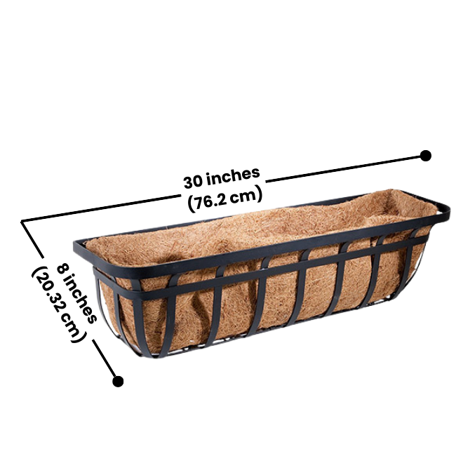 Dimensions of the Deck Railing Wrought Planter, showing a 30-inch length, 8-inch width, and 8.125-inch height