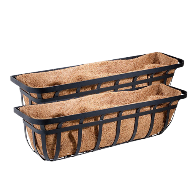 A set of two black wrought iron deck railing planters with coco liners, ideal for planting flowers, herbs, or trailing plants.