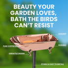 Elegant Copper Wing Birdbath made of pure copper that develops an aged patina over time. Sturdy 30-inch powder-coated steel pole with a 2-pronged base ensures stability in your garden or yard