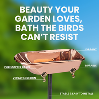 Elegant Copper Wing Birdbath made of pure copper that develops an aged patina over time. Sturdy 30-inch powder-coated steel pole with a 2-pronged base ensures stability in your garden or yard