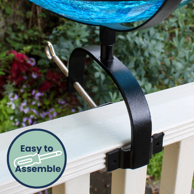 Vivid 12-inch glass bird bath with an aged metal scroll stand. Solar-powered bubbler keeps water moving, attracting more birds while keeping mosquitoes away. Perfect for decks, patios, or any flat surface.