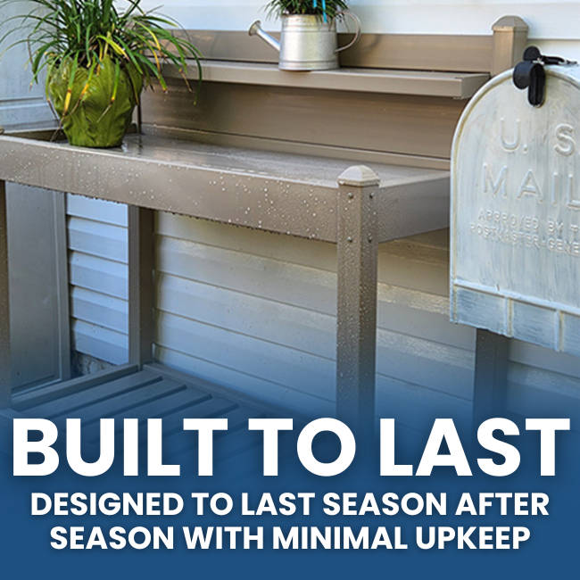 Durable vinyl potting bench designed for easy gardening with a spacious work surface and upper shelf, placed in a garden setting.