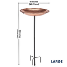 Handcrafted 18-inch solid copper bird bath with a powder-coated steel pole, designed to accommodate birds during all seasons. Features a perch-friendly rim and easy maintenance for bird lovers.