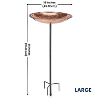 Handcrafted 18-inch solid copper bird bath with a powder-coated steel pole, designed to accommodate birds during all seasons. Features a perch-friendly rim and easy maintenance for bird lovers.