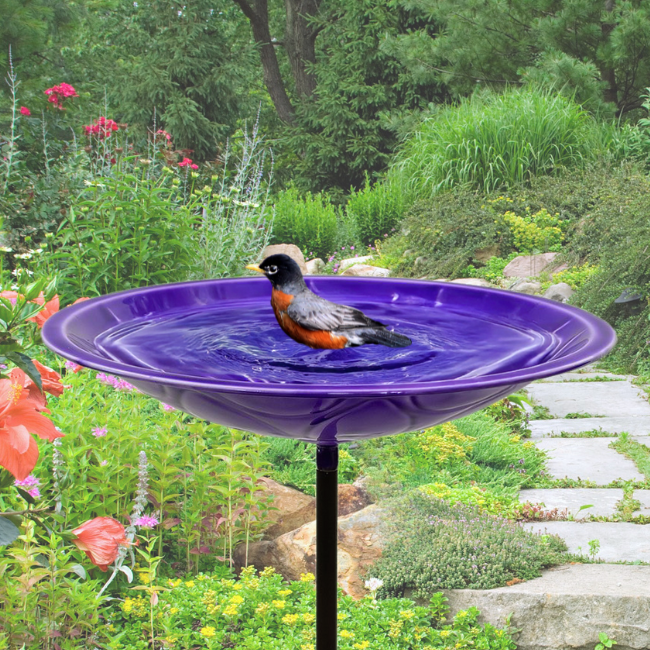 Eco-friendly 12-inch purple birdbath with a floral embossed pattern, finished with a UV-resistant epoxy clear coat for durability. The flat rim offers safe perching for birds, and the wrought iron stake stands 39 inches tall.