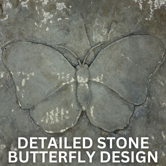 Square concrete stepping stone with a butterfly motif and a natural, stone-like gray finish, ideal for creating a charming garden pathway.