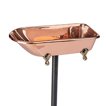 Timeless Copper Wing Birdbath featuring a pure copper basin that resists bacteria, perfect for bird bathing or feeding. Its elegant design includes a decorative lip for perching and a sturdy 30-inch powder-coated steel pole with a 2-pronged base.