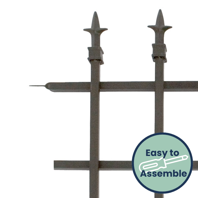 A close-up view of a finial-topped garden fence panel, showcasing the intricate design and easy assembly features.