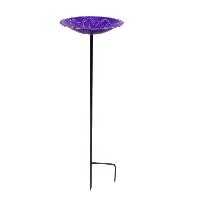 Charming 12-inch diameter purple steel birdbath with a hand-embossed flower design, featuring a durable UV-resistant epoxy coating for a long-lasting, vibrant finish. Perfect for attracting birds to your garden.