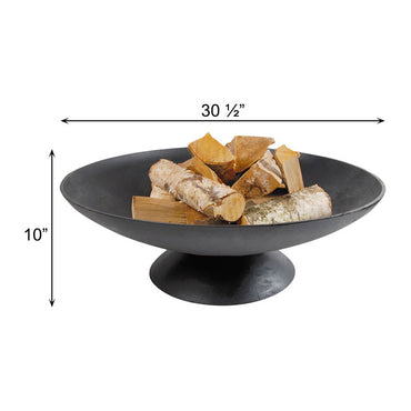 Round black metal fire pit with a diameter of 30.5 inches and height of 10 inches, filled with cut birch logs, against a white background.