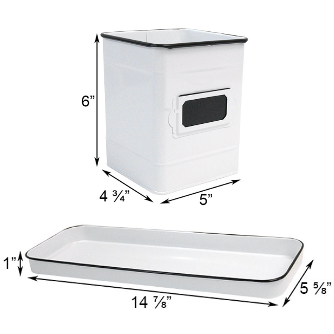 Close-up view of the dimensions of the Farmhouse Trio Herb Set, including planters and tray.