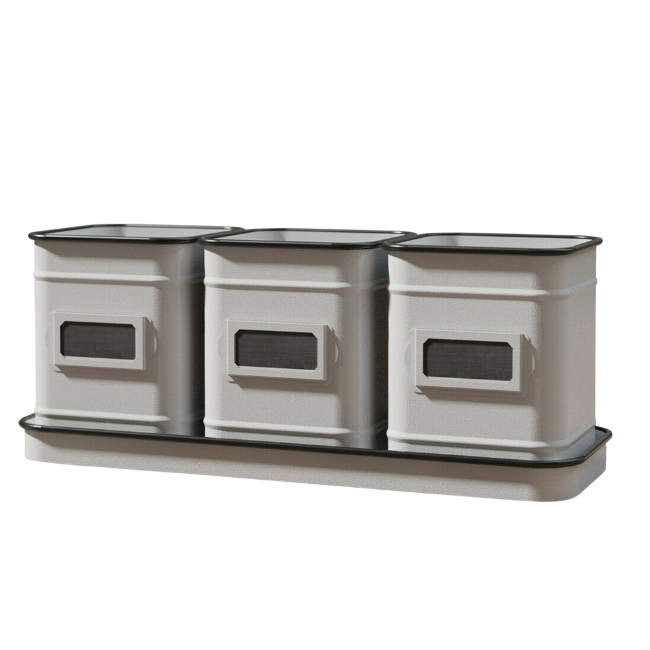 Three planters placed inside a matching metal tray with a vintage white enamel finish and black accents.