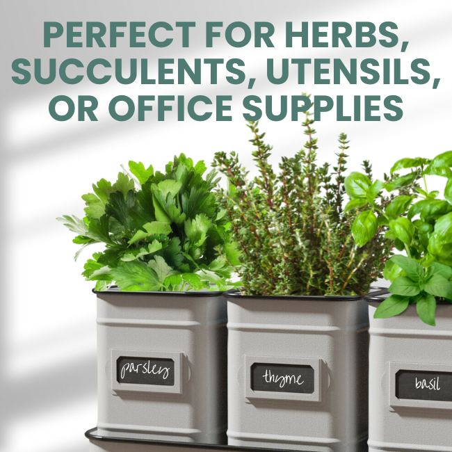 Farmhouse Trio Herb Set used for growing parsley, thyme, and basil, resting on a countertop with labeled chalkboard plates