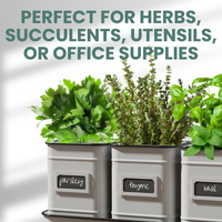 Farmhouse Trio Herb Set used for growing parsley, thyme, and basil, resting on a countertop with labeled chalkboard plates
