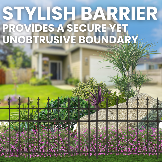 A garden with colorful flowers behind a decorative finial-topped fence, creating an elegant boundary around the garden.