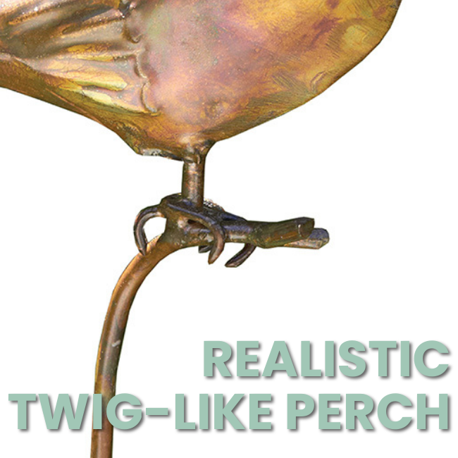CopperGlow Bird Staked Garden Accent on display in a garden with realistic bird figure and twig-like perch
