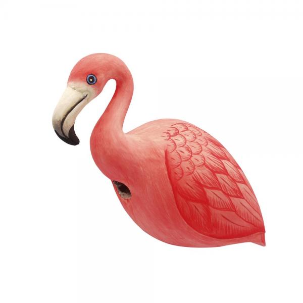 Pink flamingo-shaped birdhouse on a white background