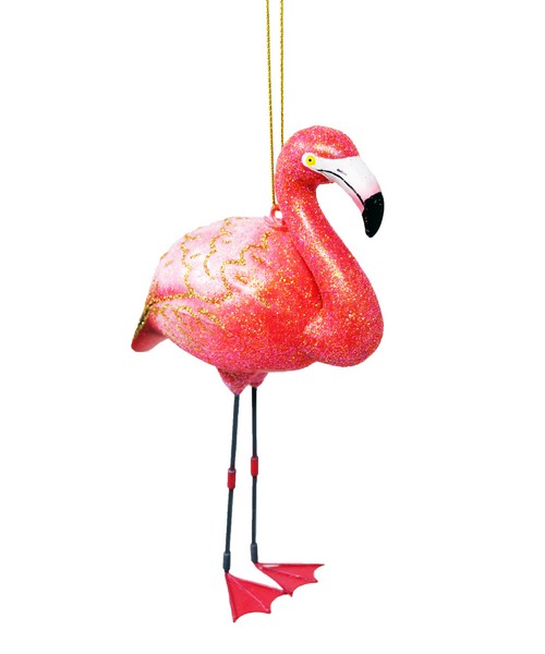 Pink flamingo ornament with gold accents on a white background