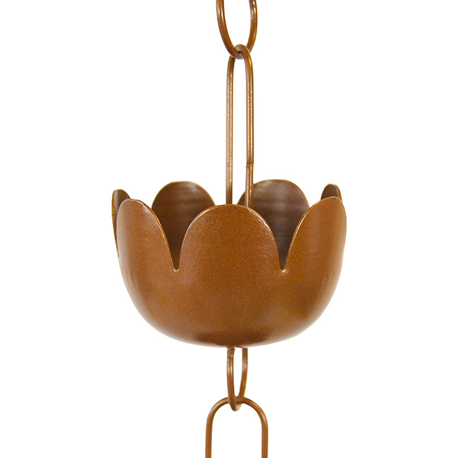 Close-up of an individual floral cup on the rain chain, made of durable steel with a browned copper finish, perfect for enhancing outdoor drainage systems.