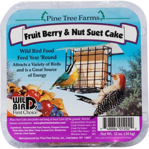 Pine Tree Farms Fruit Berry & Nut Suet Cake packaging with birds and a suet cake on the label.