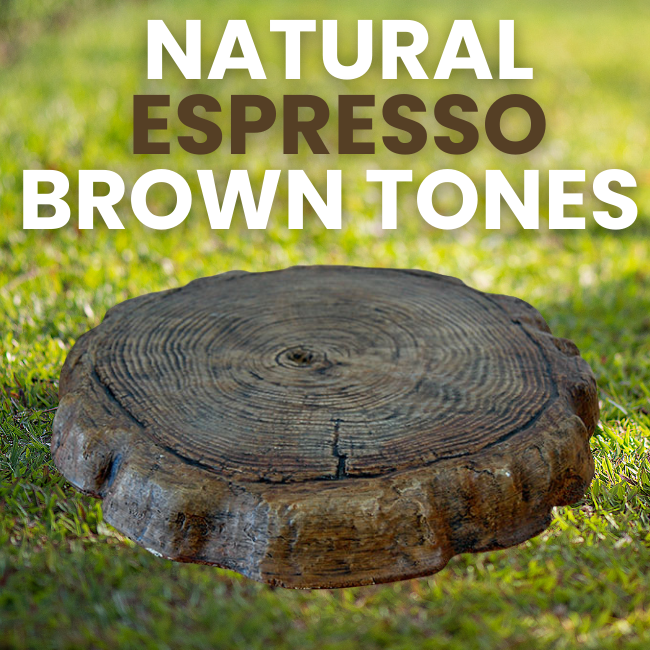 Close-up view of a natural wooden log stepping stone with espresso brown finish, ideal for creating a rustic outdoor garden path.