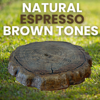 Close-up view of a natural wooden log stepping stone with espresso brown finish, ideal for creating a rustic outdoor garden path.