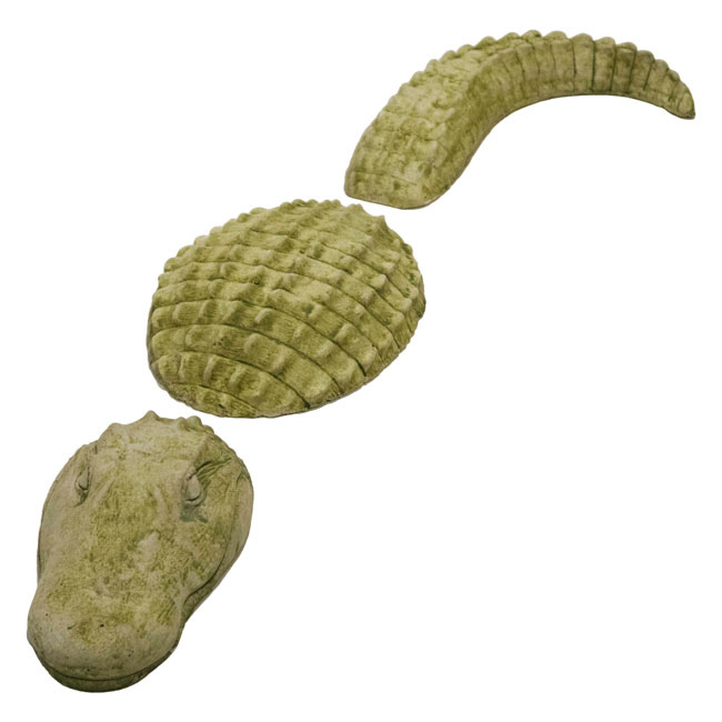 A standalone view of the moss green gator statue with its head, body, and tail sections displayed separately.