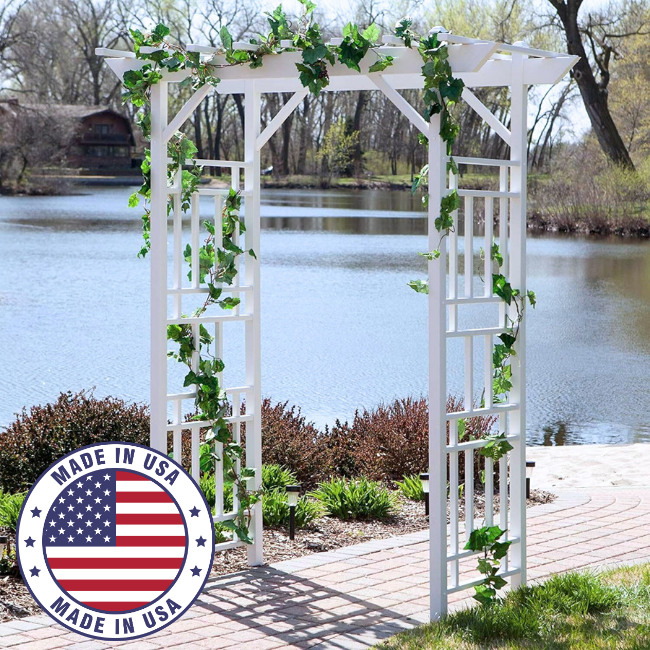 Geometric VineVista Vinyl Arbor in a serene outdoor setting, with climbing vines and flowers draping across its sides, perfect for garden decoration.