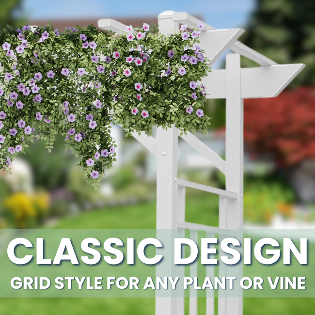 Close-up of the Geometric VineVista Vinyl Arbor with flowers cascading from the sides, designed for adding beauty to garden paths and entrances