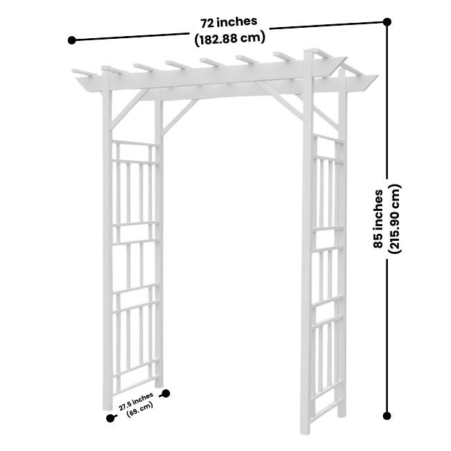 Geometric VineVista Vinyl Arbor with detailed measurements, showcasing its 72-inch width and 85-inch height, ideal for garden paths and entrances.