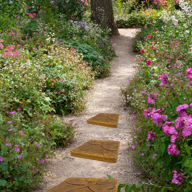 Golden Wing Dragonfly Stepping Stones arranged along a lush garden pathway.