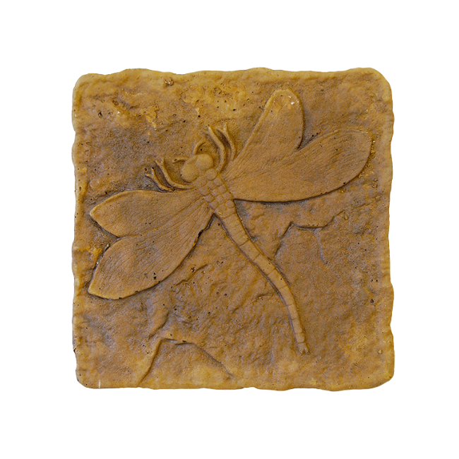 Close-up view of the Golden Wing Dragonfly Stepping Stone, highlighting the intricate raised design of a dragonfly with textured golden-brown concrete, adding charm and stability to your garden.