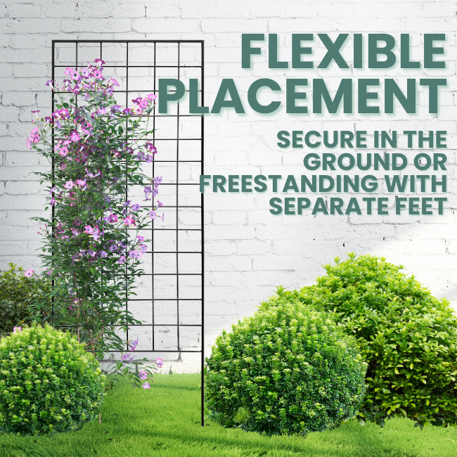 he Gridlock Garden Trellis positioned in a garden, showing its flexible placement option for secure ground installation or freestanding with separate feet.