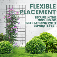he Gridlock Garden Trellis positioned in a garden, showing its flexible placement option for secure ground installation or freestanding with separate feet.