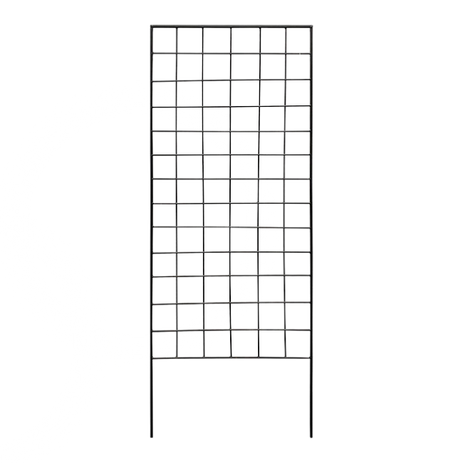 A simple black grid-patterned garden trellis with a vertical design, offering ideal support for climbing plants and vines.