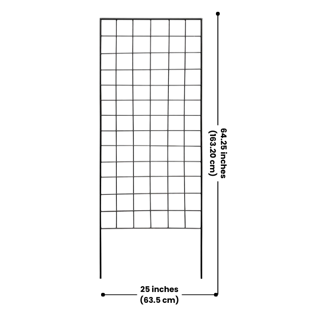 A close-up image of the Gridlock Garden Trellis with its dimensions displayed (64.25" height and 25" width), showcasing its sturdy grid structure.

