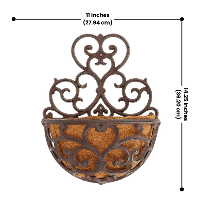 Half-Round Cast Iron Garden Wall Planter – Victorian-style scrollwork adds classic charm to any wall or fence. Durable cast iron with a distressed black finish for vintage appeal. Half-round basket includes a coco liner for flowers or herbs. Pre-drilled holes for easy mounting. Measures 11"W x 6.5"D x 14.25"H. Perfect for indoor or outdoor elegance.