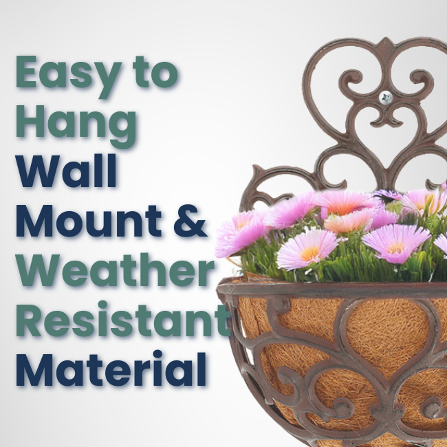 Half-Round Cast Iron Garden Wall Planter – Victorian-style scrollwork adds classic charm to any wall or fence. Durable cast iron with a distressed black finish for vintage appeal. Half-round basket includes a coco liner for flowers or herbs. Pre-drilled holes for easy mounting. Measures 11"W x 6.5"D x 14.25"H. Perfect for indoor or outdoor elegance.