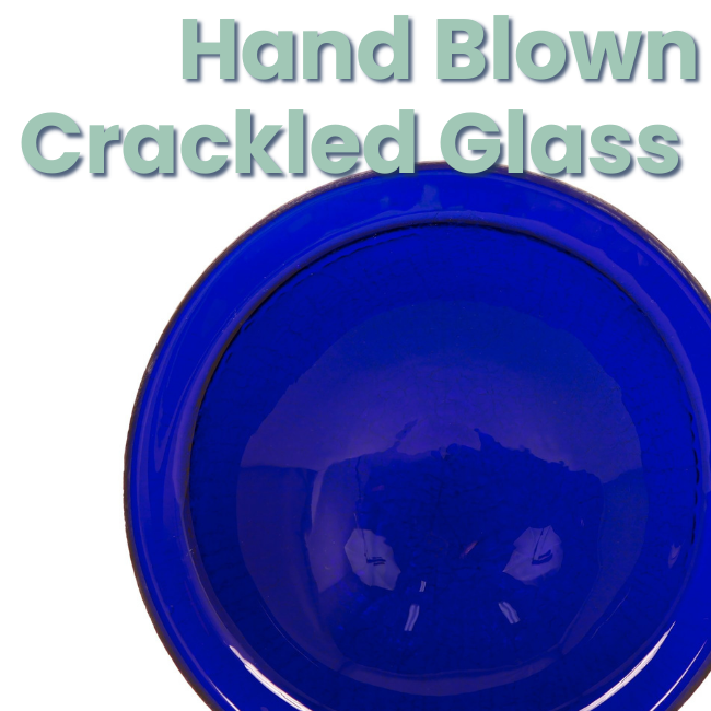 Close-up of the hand-blown crackle glass bowl used in the Solar Deck Mount Glass Birdbath, providing a sparkling and unique touch to your garden.