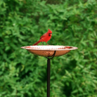 Durable large copper bird bath (18-inch diameter) with a beautiful hammered texture, offering birds plenty of space to bathe and perch comfortably. Sturdy 36-inch steel pole with 3-prong stake for stability.