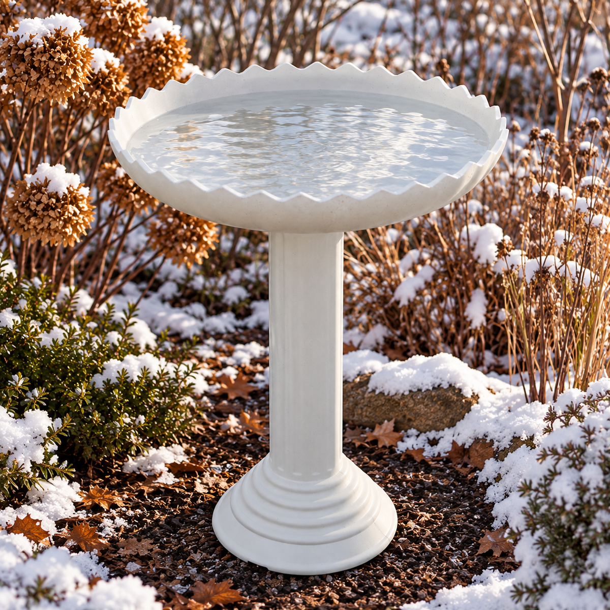 Snowy Garden Birdbath in Sunlight