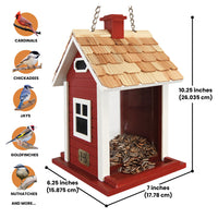 Red Christmas cottage bird feeder by Home Bazaar, designed to attract birds while adding festive charm to your garden.