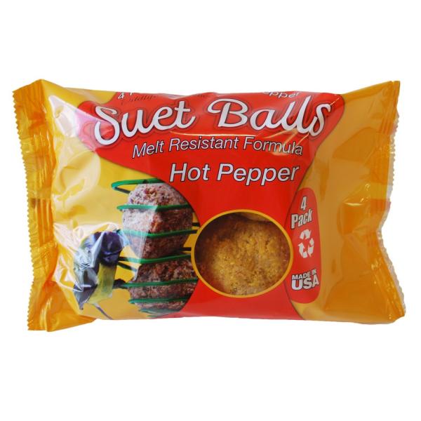 Pack of hot pepper suet balls with yellow and red packaging on a white background