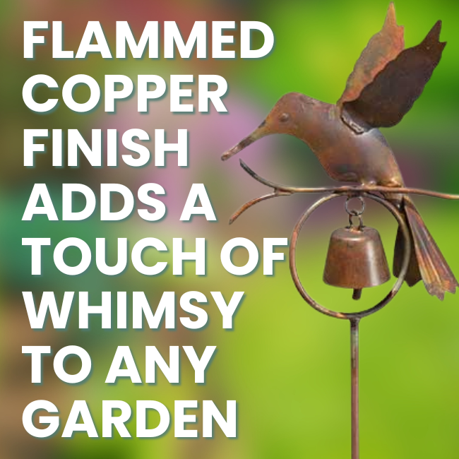 Full view of the Hummingbird Bell Garden Stake with a bird silhouette and a chime bell, standing at a height of 33 inches, designed for outdoor use.